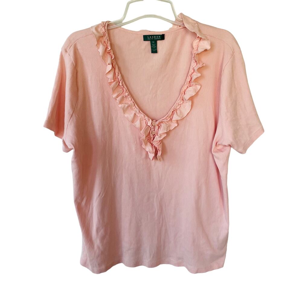 Lauren Ralph Lauren Ribbed V Neck Ruffles T-Shirt size 3X